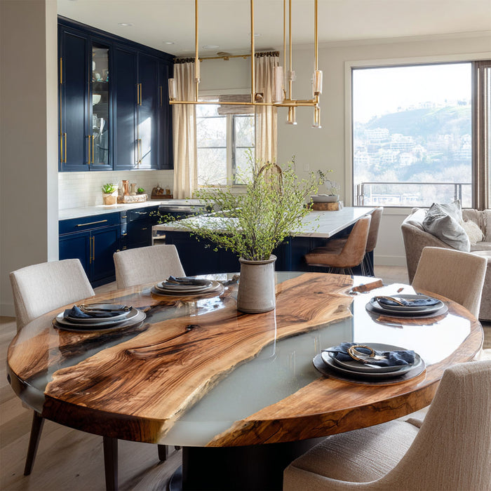 sleek olive wood clear epoxy table for dinning rooms in florida