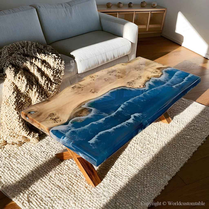 Handmade blue resin epoxy dining table featuring solid poplar wood and ocean wave details for luxury kitchen and dining furniture