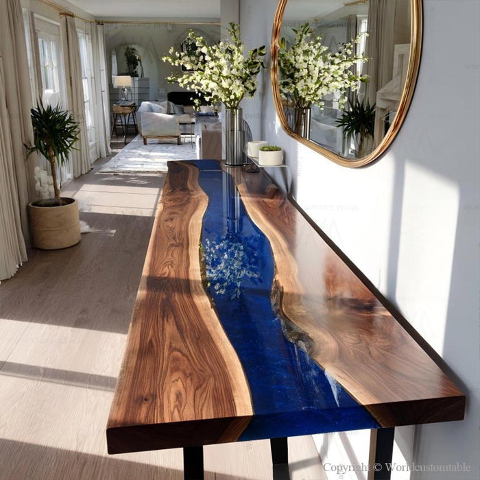 Handmade epoxy console table featuring a blue resin river