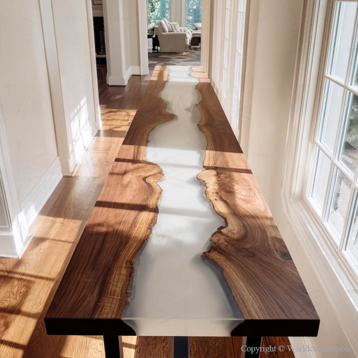 Handmade epoxy console table with smooth white resin river