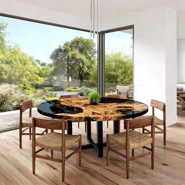 Handmade epoxy dinning table placed in a cozy dining space