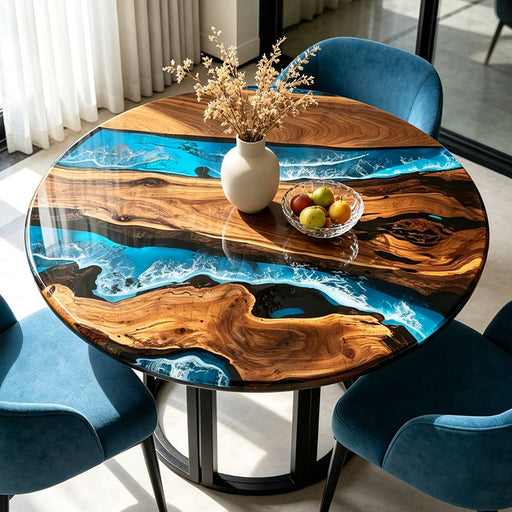 Modern round dining table with ocean blue epoxy resin river and black walnut live edge
