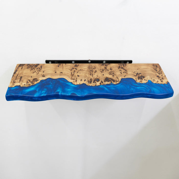 Handmade epoxy river wall shelf with live edge wood, perfect for modern storage and display