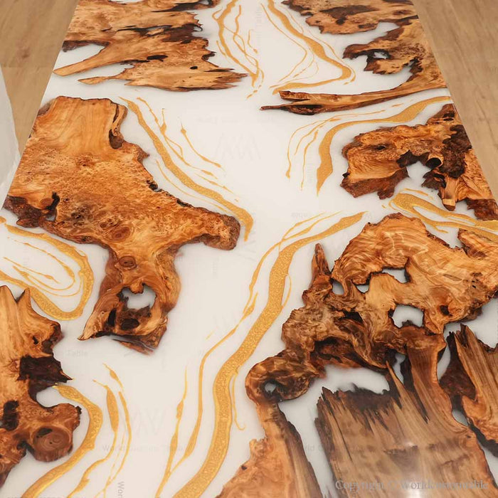 Handmade epoxy waterfall table with burl wood grain
