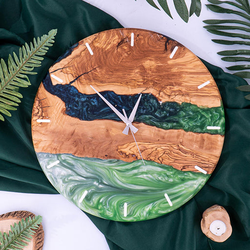 Handmade epoxy resin and olive wood wall clock for rustic home decor