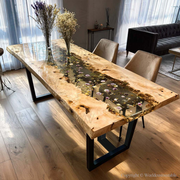 Handmade epoxy flower resin table showcasing natural poplar wood grain