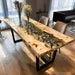 Handmade epoxy flower resin table showcasing natural poplar wood grain