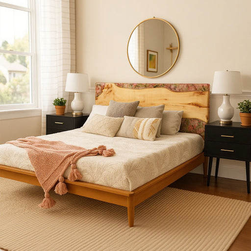 Bedroom with wooden bed, pillows, and lamps in a well-lit room.