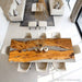 Handmade olive wood crystal resin dining table perfect for modern dining rooms and Scandinavian interiors.