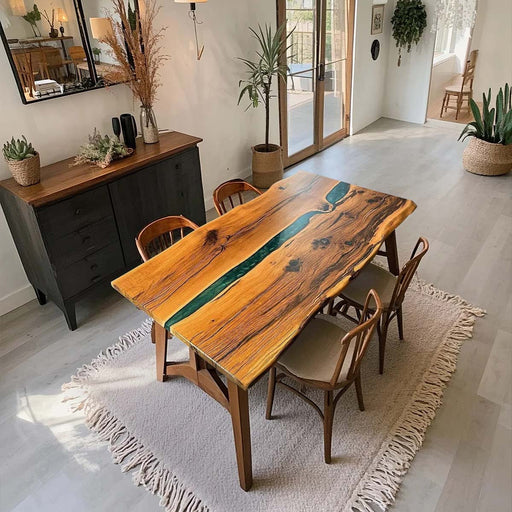 Handmade olive wood live edge dining table with blue epoxy river centerpiece.