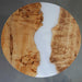 Handcrafted poplar wood table with natural grain and white resin flow.