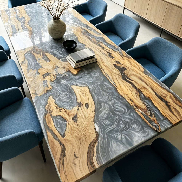 Handcrafted silver resin olive wood table for designer dining room and upscale interiors