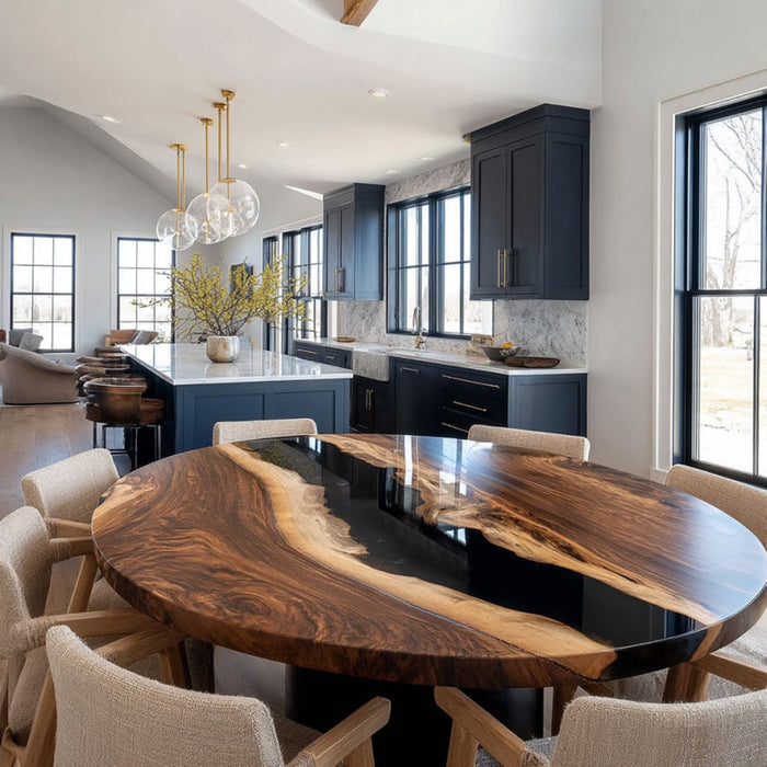 Modern kitchen with a wooden dining table and chairs