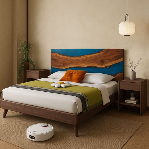 Bedroom with wooden bed, robot vacuum cleaner, and decorative items.