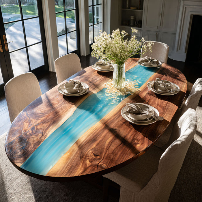 Dining table with a wooden top and blue resin inlay, set for a meal.