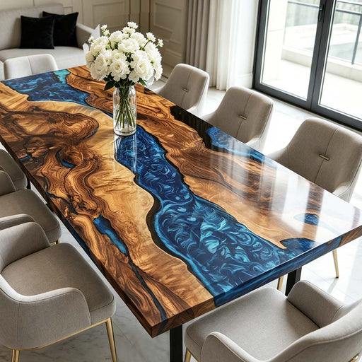 Handmade solid walnut dining table with blue resin swirl center