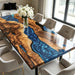 Handmade solid walnut dining table with blue resin swirl center
