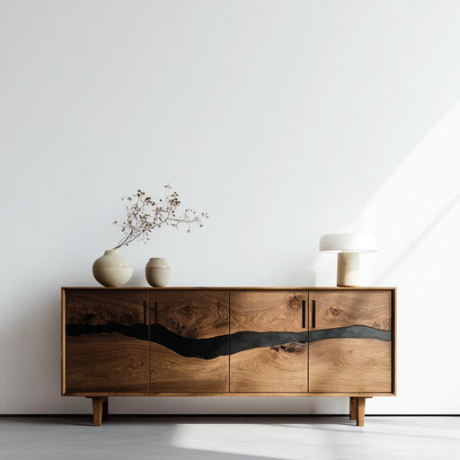 Wooden sideboard with decorative items against a white wall