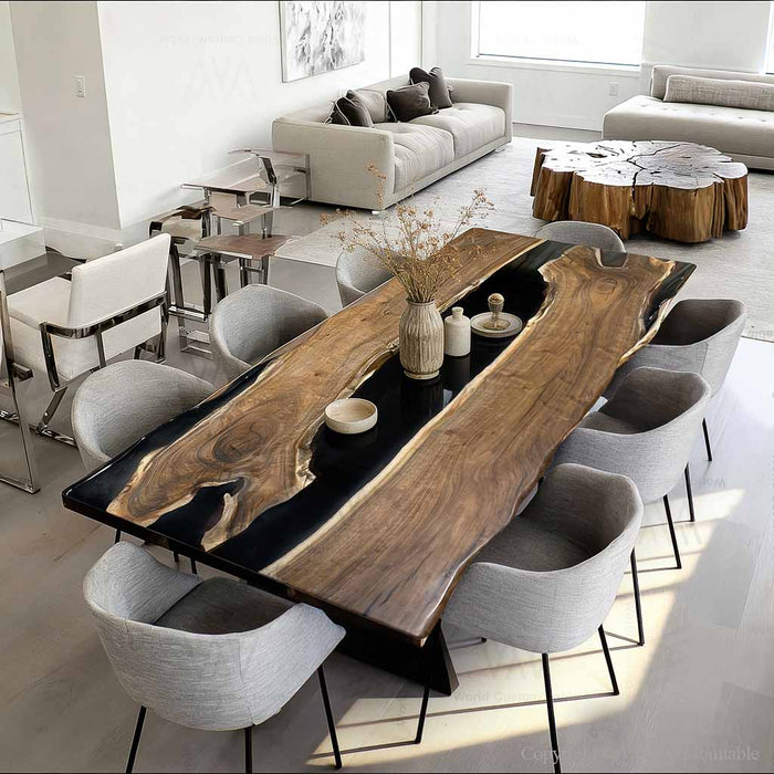 Modern dining room with a long wooden table and gray chairs.