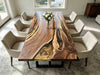 Handcrafted live edge walnut wood dining table with flowing gold epoxy resin river, unique artistic home decor