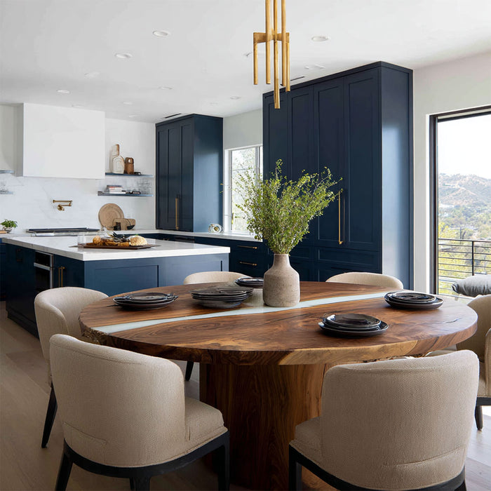 Modern kitchen with a wooden dining table and chairs