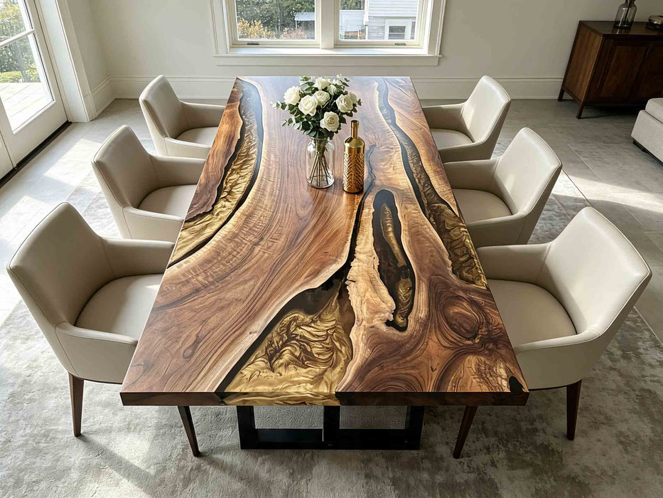Handcrafted live edge walnut wood dining table with flowing gold epoxy resin river, unique artistic home decor
