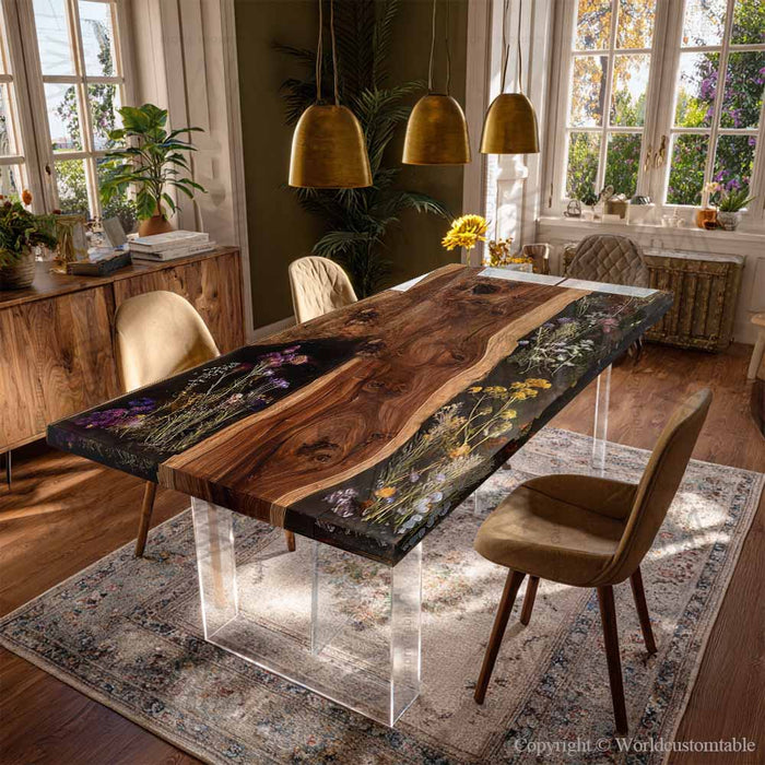 Handmade walnut floral resin dining table ideal for coastal California interior design.
