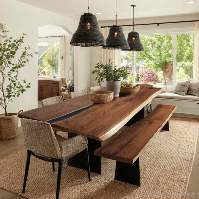 Handmade walnut resin river dining table set styled for California coastal homes.