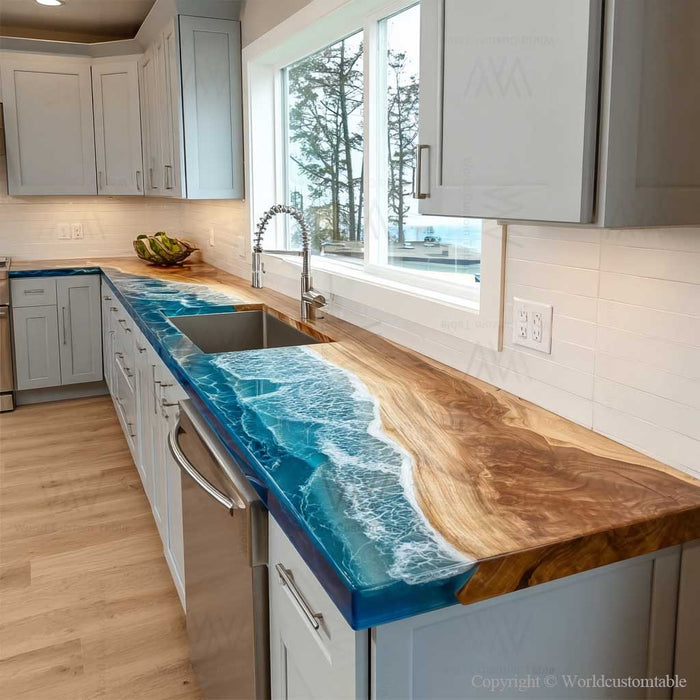 Water wave epoxy resin kitchen island with premium walnut live edge, scratch-resistant prep station