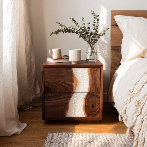 Wooden nightstand with a vase of flowers and a cup next to a bed.
