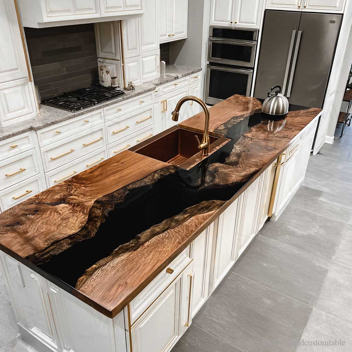 Heat-resistant black walnut epoxy kitchen slab, live edge river design for functional kitchen island & prep station