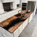 Heat-resistant black walnut epoxy kitchen slab, live edge river design for functional kitchen island & prep station