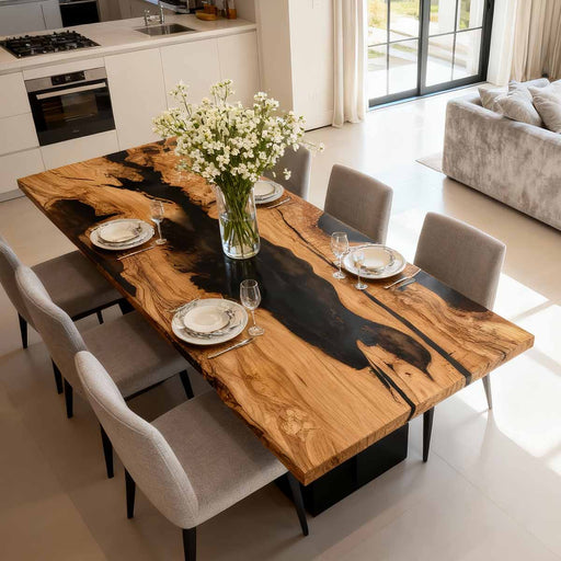 Dining table with natural wood finish and black resin inlay, set with plates and glasses in a modern kitchen.