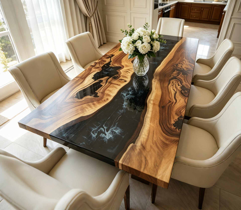 Heirloom-quality live edge black walnut dining table with iridescent black epoxy river, one-of-a-kind modern statement piece