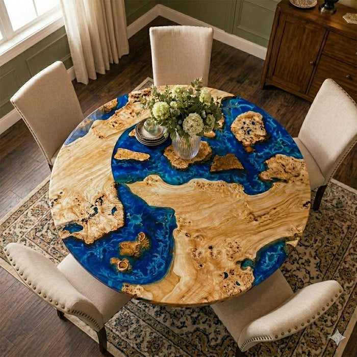 Modern round conference table made from natural poplar wood and premium blue resin.