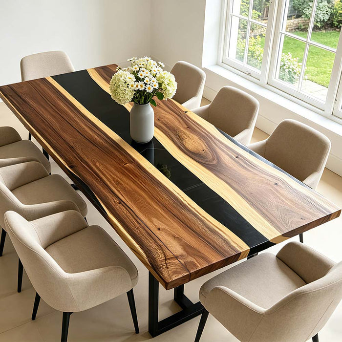 High-end walnut resin dining table designed for luxury homes in California.
