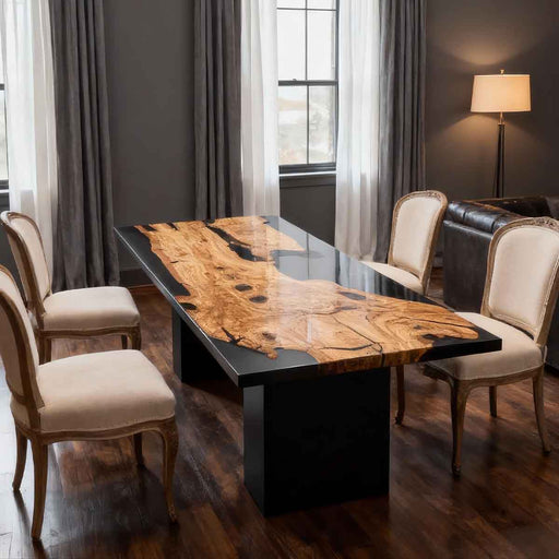 Dining room with a modern table and chairs in a well-lit room.
