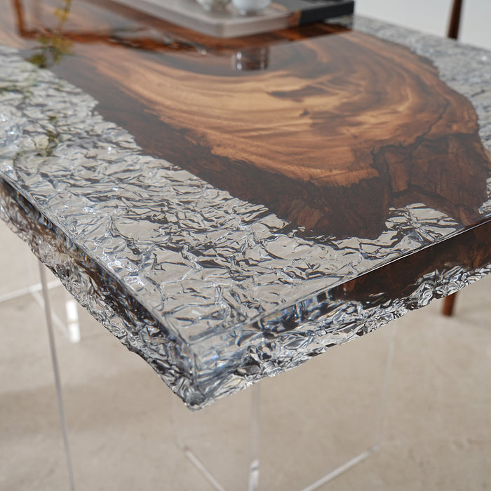 A side view of the Ice Crystal Epoxy Table showing its sleek design and the transparency of the epoxy resin.