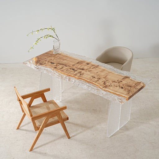 Large ice effect epoxy dining table with customizable wood base.