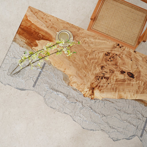 Live edge epoxy river table in clear resin – unique handmade furniture.