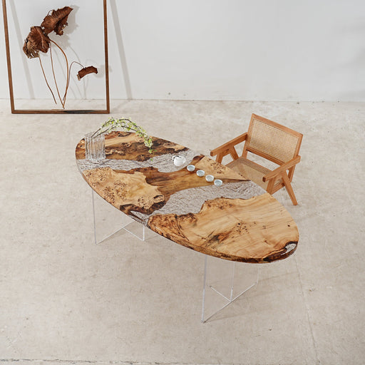 Translucent ice crystal epoxy coffee table with live edge wood design.