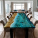 Dining room with a unique table featuring a natural wood top and blue resin river design.