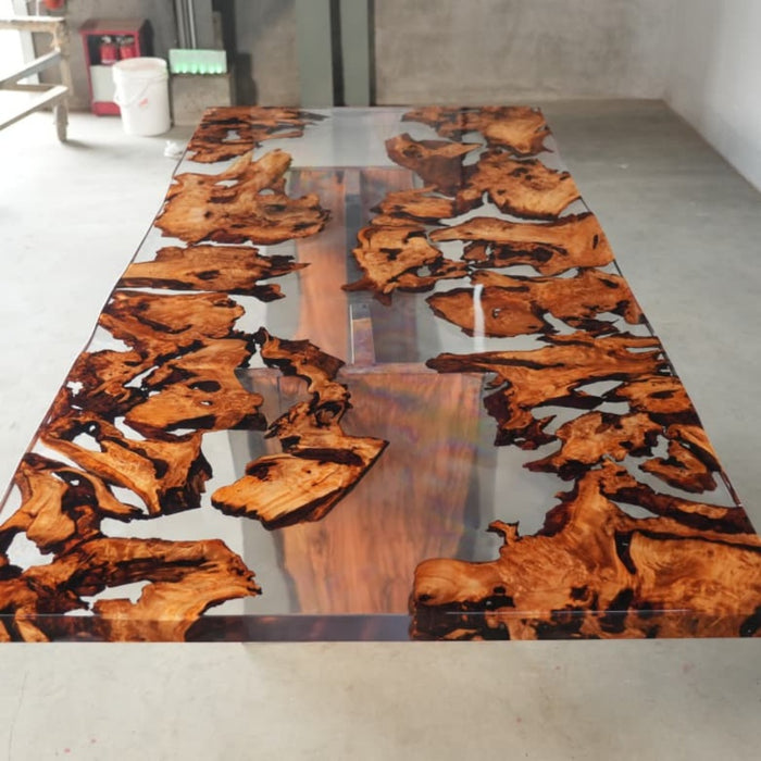 in stock burl wood epoxy dining table with straight edge