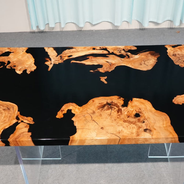 In stock olive wood black epoxy dining table with 4 to 7 week U.S. delivery