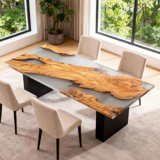 Dining table with natural wood finish and black base in a room with large windows and plants.