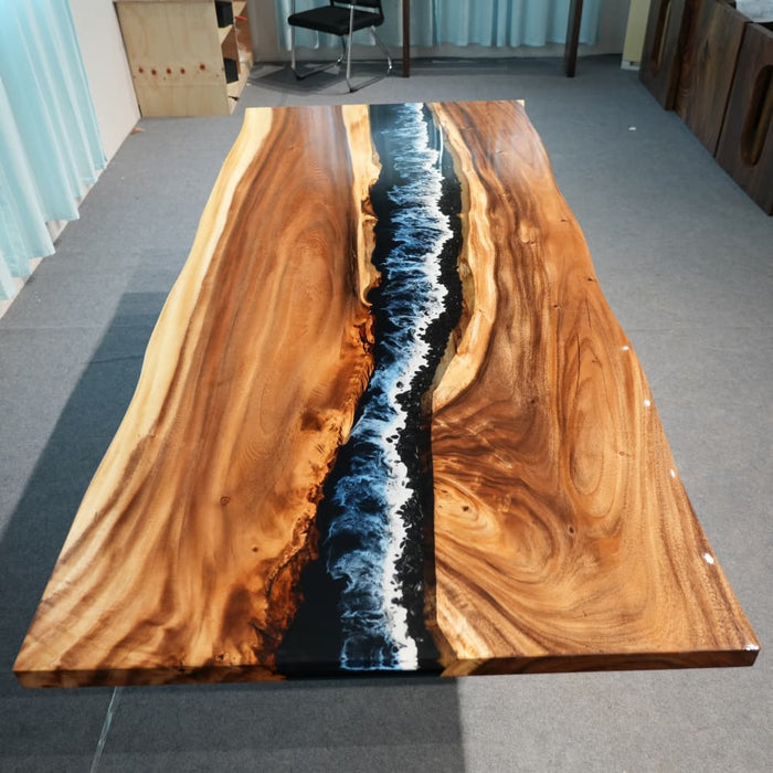 In stock walnut black epoxy dining table with 4 to 7 week U.S. delivery