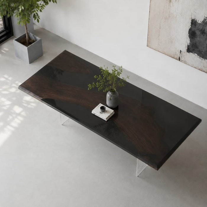 In stock walnut dining table with black epoxy resin