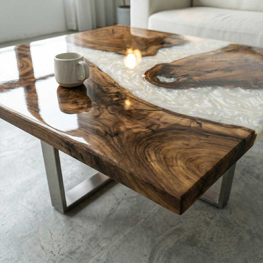 Brushed stainless steel geometric legs supporting a heavy solid wood and epoxy resin tabletop.