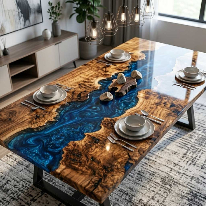 Custom blue epoxy table with heavy-duty black steel legs for commercial durability.