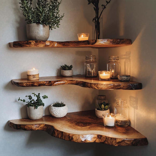 Wooden shelves with plants and candles against a neutral wall